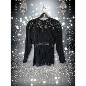 VTG D'ORE Black Sequence Beaded Open Back Formal Blouse Peplum Metalic Mob Wife